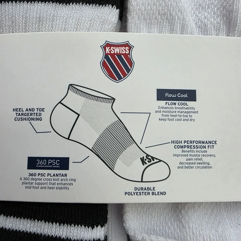 K-Swiss Mens Low Cut Performance Socks 6 Pairs White Black Grey Size 10-13 New